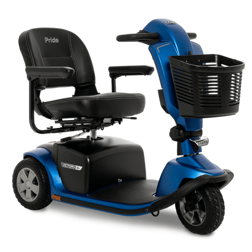 Pride Victory 10.2 3-Wheel Mobility Scooter Mobility Scooters Pride Mobility Ocean Blue Standard U-1 Battery - 11 mile range ($0) Standard Foldable Plastic - 18" W x 17" D ($0)