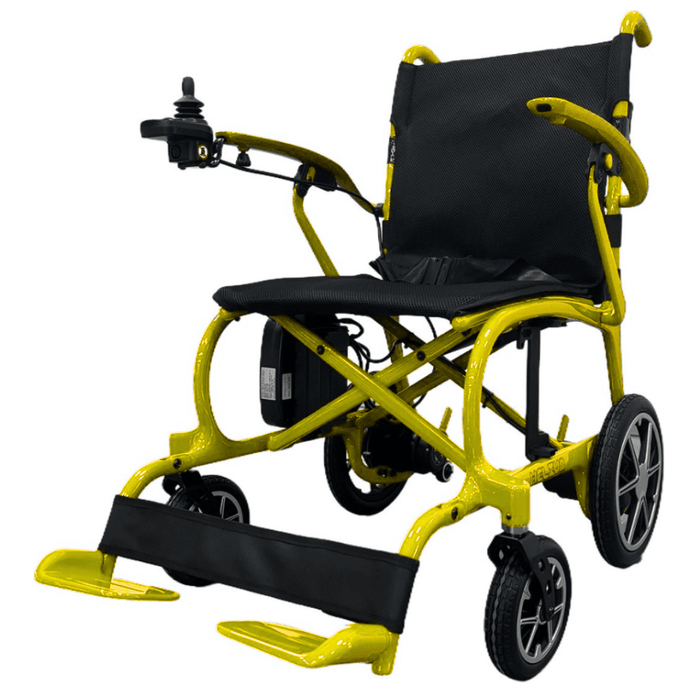 Open Box Helium 26 lbs Carbon Fiber Foldable Power Wheelchair Wheelchairs Discover My Mobility Yellow